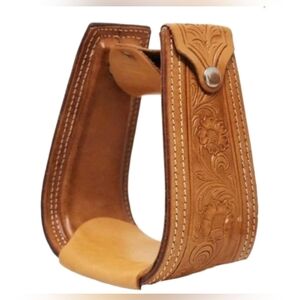 CHALLENGER Horse Western Saddle Tack Floral Hand Tooled Leather Covered Stirrups
